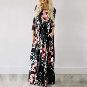 Rosa Floral-Maxikleid für Damen – Boho Strand, Abendparty, Sommer 2024