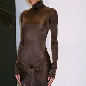 Articat High Neck Bodycon-Kleid – Langärmeliges, Schnür-Maxikleid für Damen, Herbst 2024 Partywear