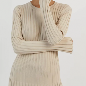 Glänzendes Strick-Maxikleid für Damen – Schnürung, Hoher Bund, Lange Ärmel, Herbstmode